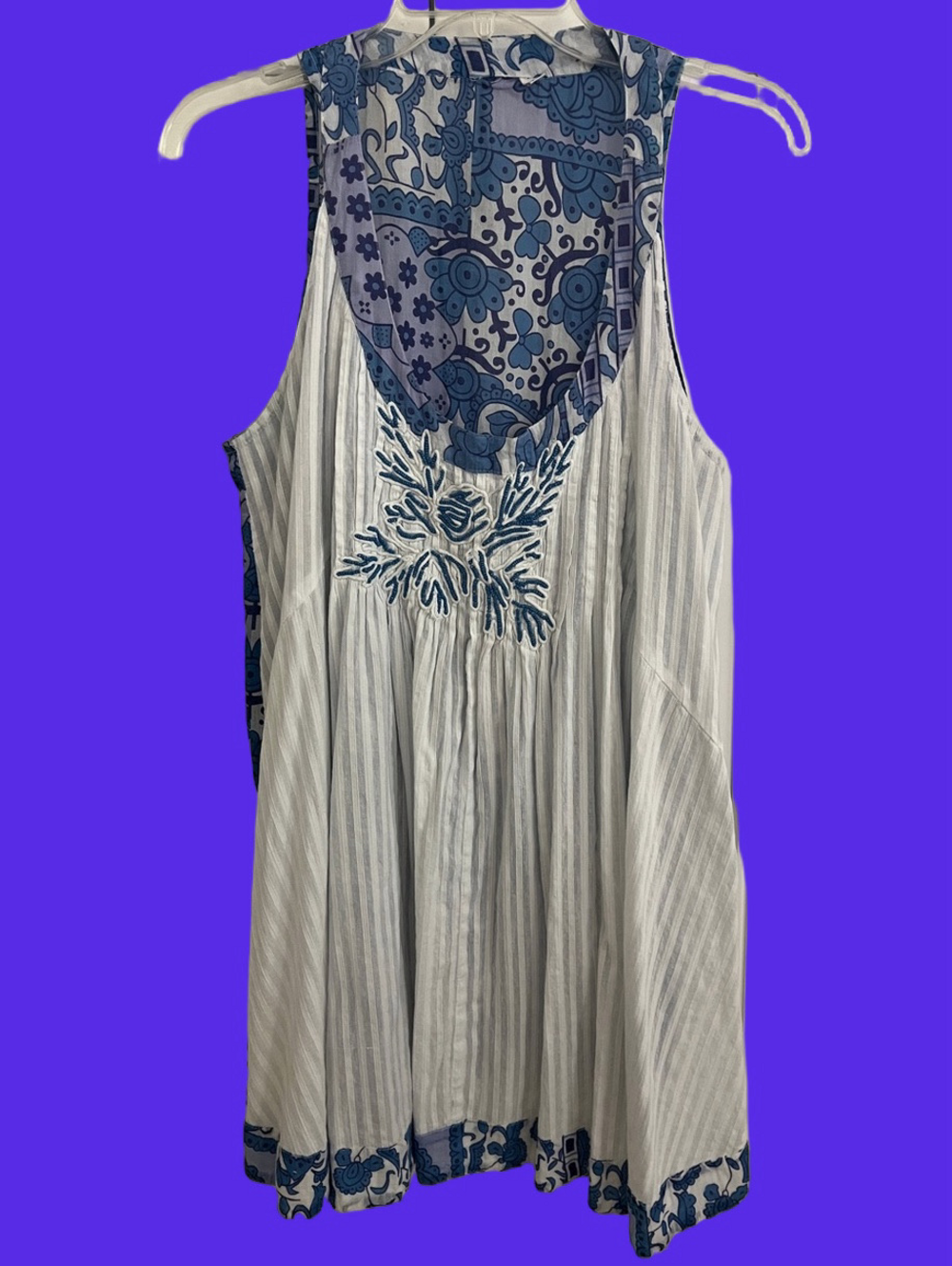 Sleeveless Blue & White Embroidered Tank Dress